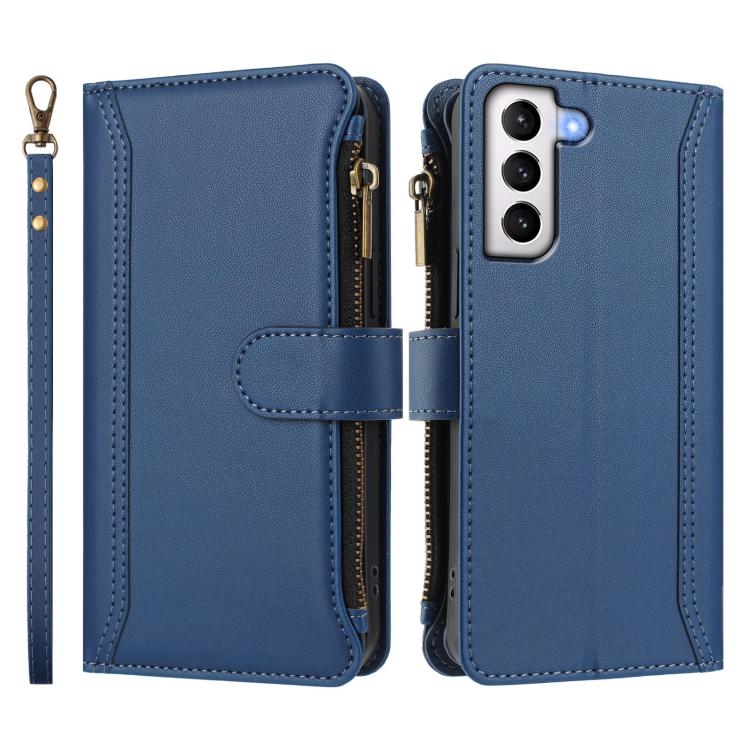 For Samsung Galaxy S21 5G Magnetic Closure 9 Card Slots Zipper Leather Case with Hand Strap