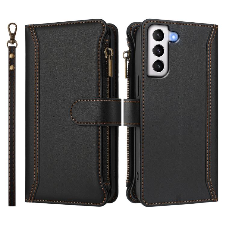 For Samsung Galaxy S21 5G Magnetic Closure 9 Card Slots Zipper Leather Case with Hand Strap