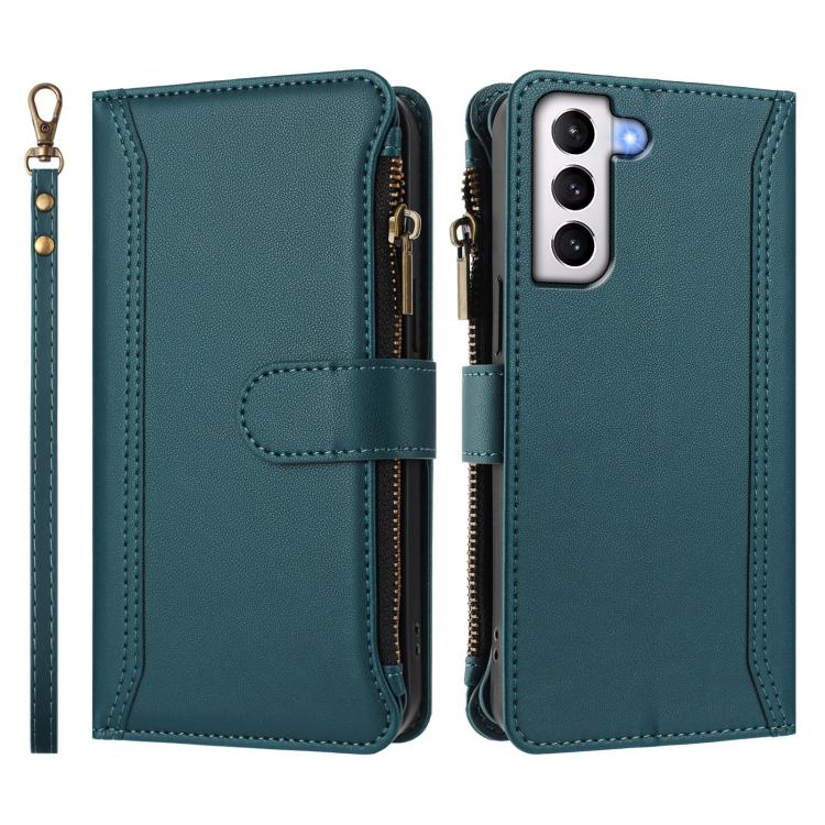 For Samsung Galaxy S21 5G Magnetic Closure 9 Card Slots Zipper Leather Case with Hand Strap