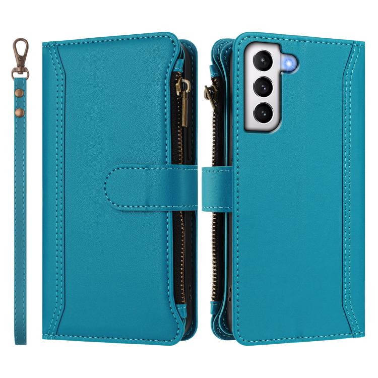 For Samsung Galaxy S21 5G Magnetic Closure 9 Card Slots Zipper Leather Case with Hand Strap