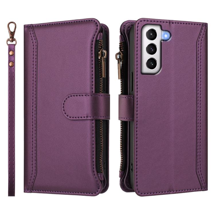 For Samsung Galaxy S21 5G Magnetic Closure 9 Card Slots Zipper Leather Case with Hand Strap