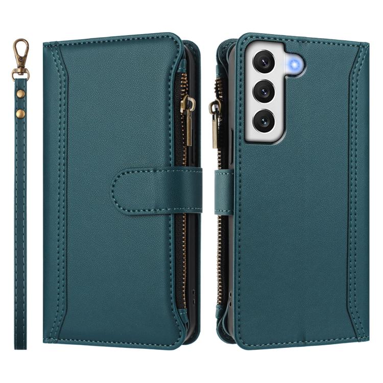 For Samsung Galaxy S21 FE 5G Magnetic Closure 9 Card Slots Zipper Leather Case with Hand Strap