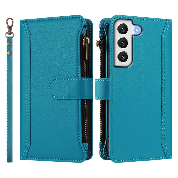 For Samsung Galaxy S21 FE 5G Magnetic Closure 9 Card Slots Zipper Leather Case with Hand Strap