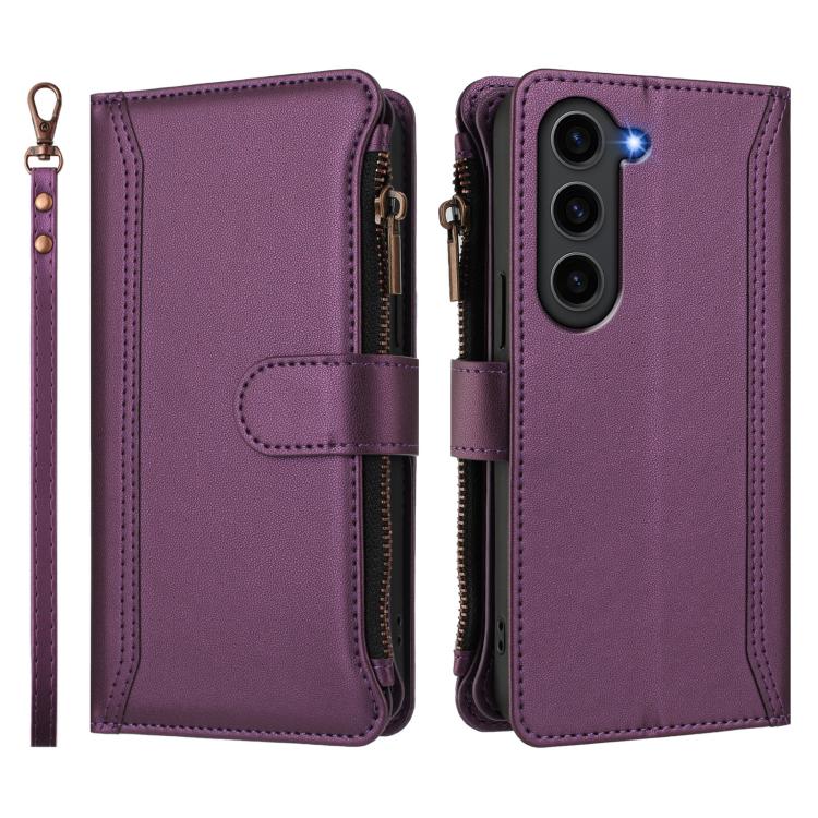 For Samsung Galaxy S23 FE 5G Magnetic Closure 9 Card Slots Zipper Leather Case with Hand Strap