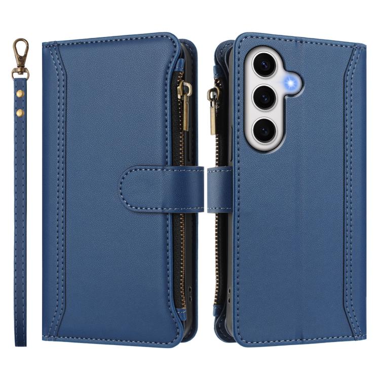For Samsung Galaxy S24 FE 5G Magnetic Closure 9 Card Slots Zipper Leather Case with Hand Strap