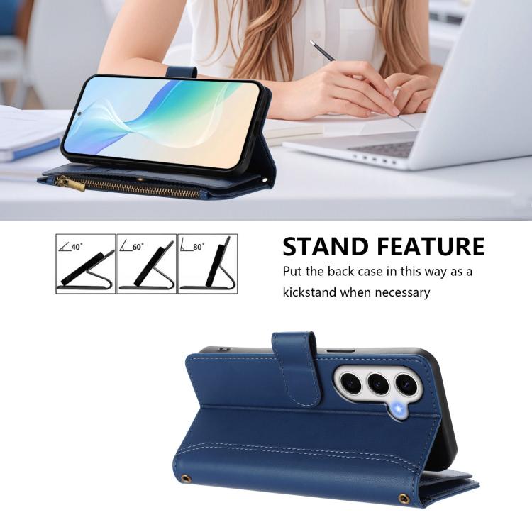 For Samsung Galaxy S24 FE 5G Magnetic Closure 9 Card Slots Zipper Leather Case with Hand Strap