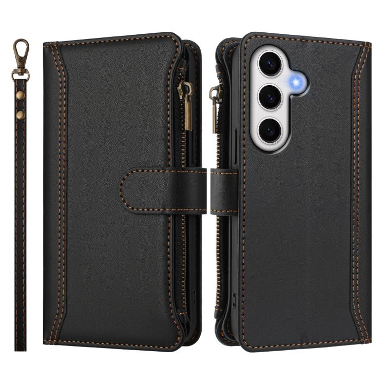 For Samsung Galaxy S24 FE 5G Magnetic Closure 9 Card Slots Zipper Leather Case with Hand Strap