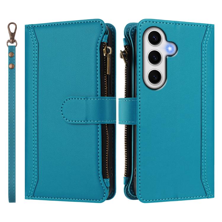 For Samsung Galaxy S24 FE 5G Magnetic Closure 9 Card Slots Zipper Leather Case with Hand Strap