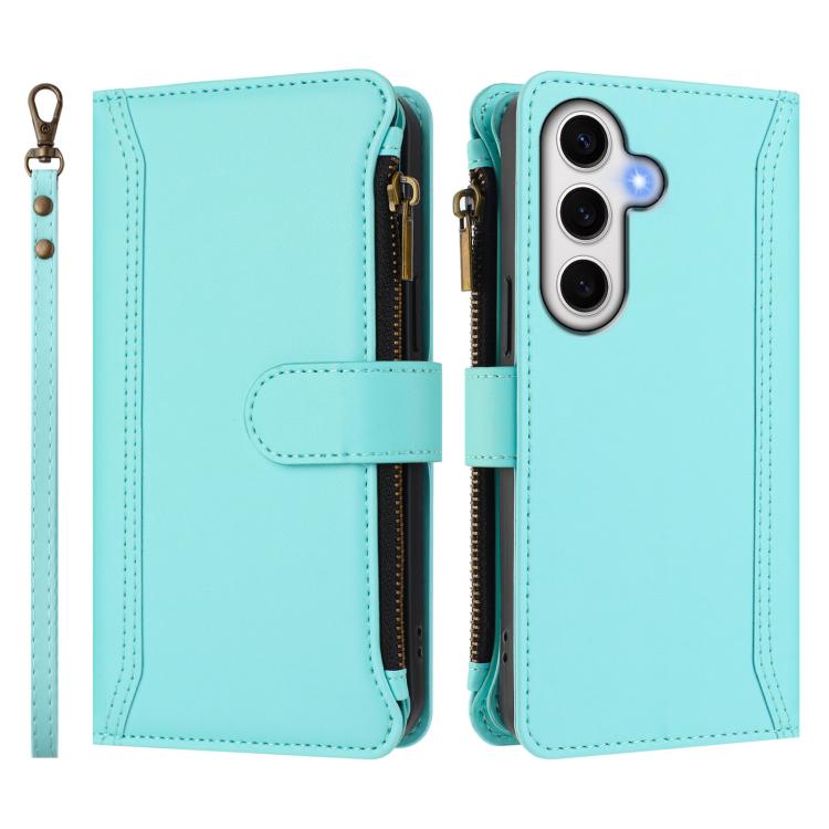 For Samsung Galaxy S24 FE 5G Magnetic Closure 9 Card Slots Zipper Leather Case with Hand Strap