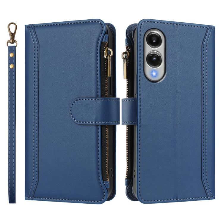 For Samsung Galaxy S25 Edge 5G Magnetic Closure 9 Card Slots Zipper Leather Case with Hand Strap