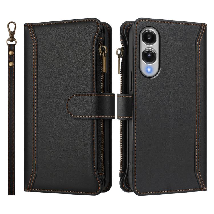 For Samsung Galaxy S25 Edge 5G Magnetic Closure 9 Card Slots Zipper Leather Case with Hand Strap