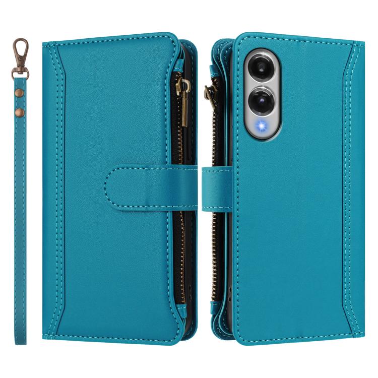 For Samsung Galaxy S25 Edge 5G Magnetic Closure 9 Card Slots Zipper Leather Case with Hand Strap