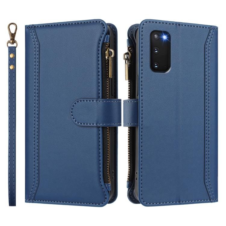For Samsung Galaxy S20 FE Magnetic Closure 9 Card Slots Zipper Leather Case with Hand Strap