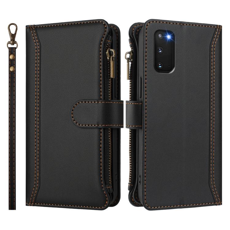 For Samsung Galaxy S20 FE Magnetic Closure 9 Card Slots Zipper Leather Case with Hand Strap