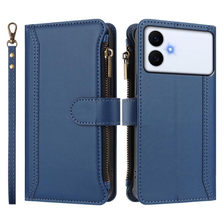 For Samsung Galaxy S26 Edge 5G Magnetic Closure 9 Card Slots Zipper Leather Case with Hand Strap
