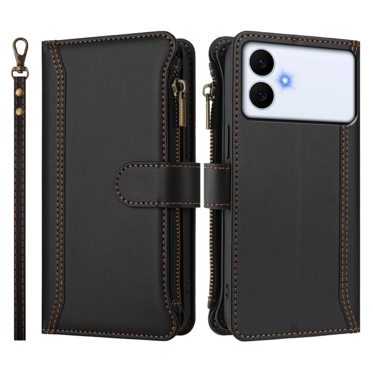 For Samsung Galaxy S26 Edge 5G Magnetic Closure 9 Card Slots Zipper Leather Case with Hand Strap