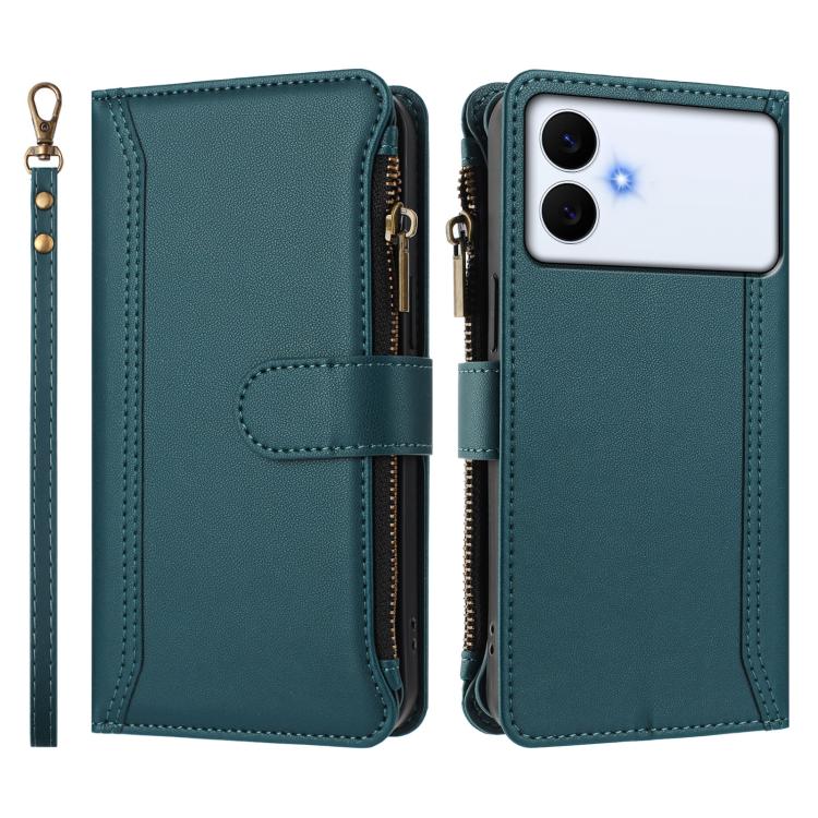 For Samsung Galaxy S26 Edge 5G Magnetic Closure 9 Card Slots Zipper Leather Case with Hand Strap