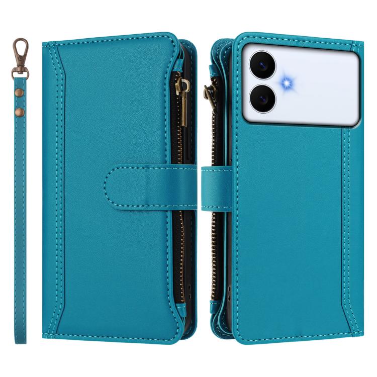 For Samsung Galaxy S26 Edge 5G Magnetic Closure 9 Card Slots Zipper Leather Case with Hand Strap