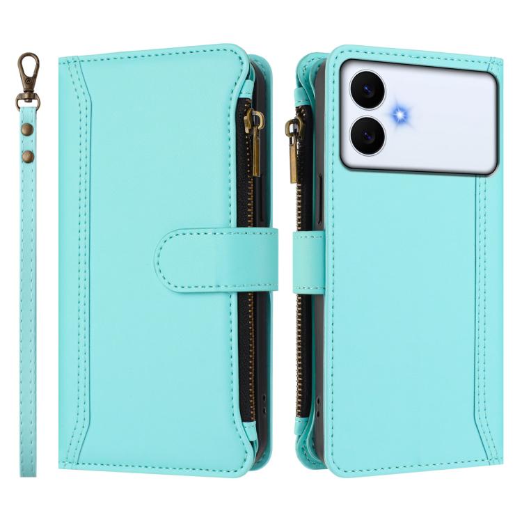 For Samsung Galaxy S26 Edge 5G Magnetic Closure 9 Card Slots Zipper Leather Case with Hand Strap