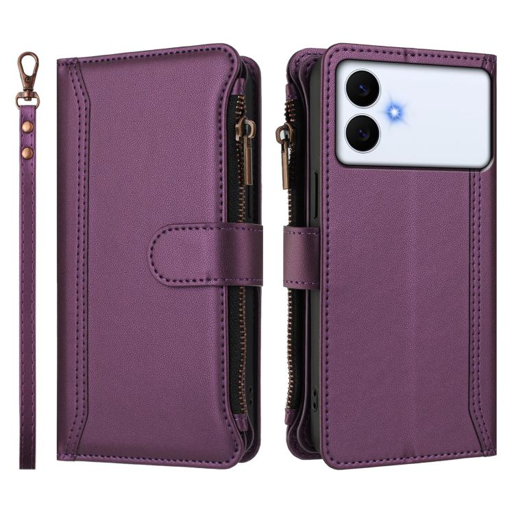 For Samsung Galaxy S26 Edge 5G Magnetic Closure 9 Card Slots Zipper Leather Case with Hand Strap