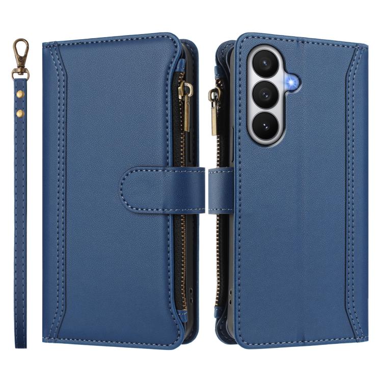 For Samsung Galaxy S26 5G Magnetic Closure 9 Card Slots Zipper Leather Case with Hand Strap