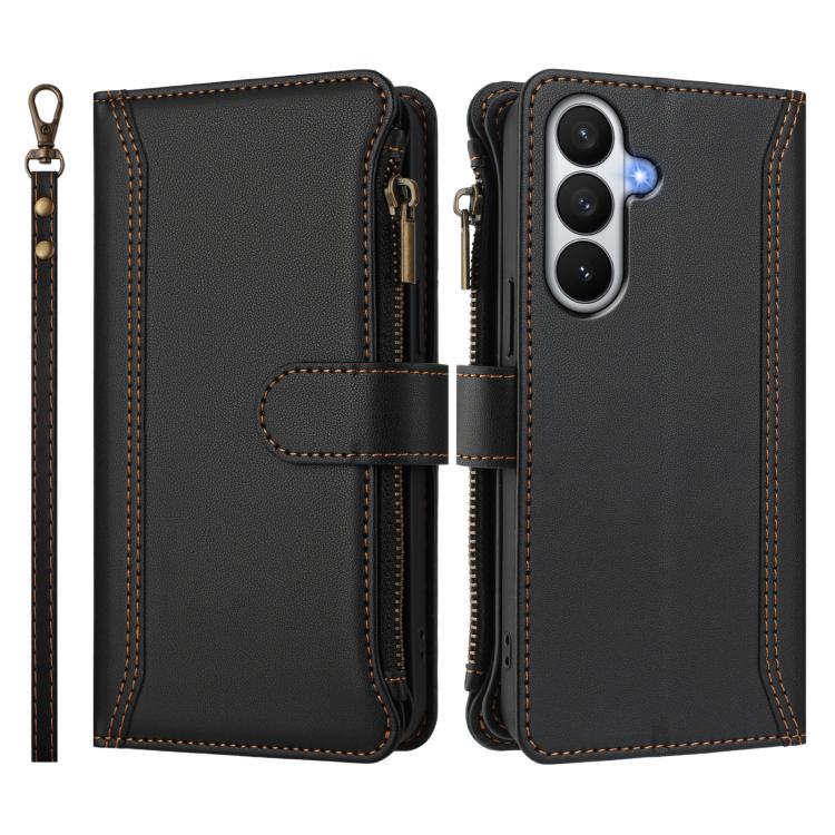 For Samsung Galaxy S26 5G Magnetic Closure 9 Card Slots Zipper Leather Case with Hand Strap