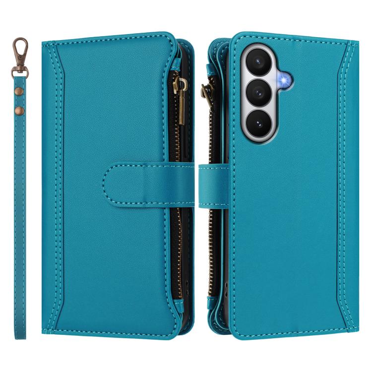 For Samsung Galaxy S26 5G Magnetic Closure 9 Card Slots Zipper Leather Case with Hand Strap