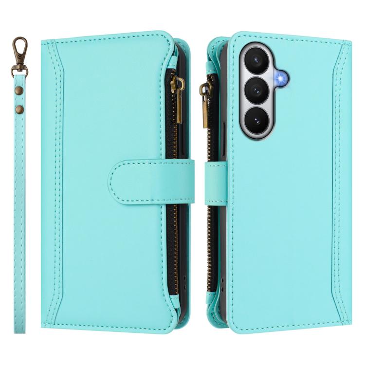 For Samsung Galaxy S26 5G Magnetic Closure 9 Card Slots Zipper Leather Case with Hand Strap