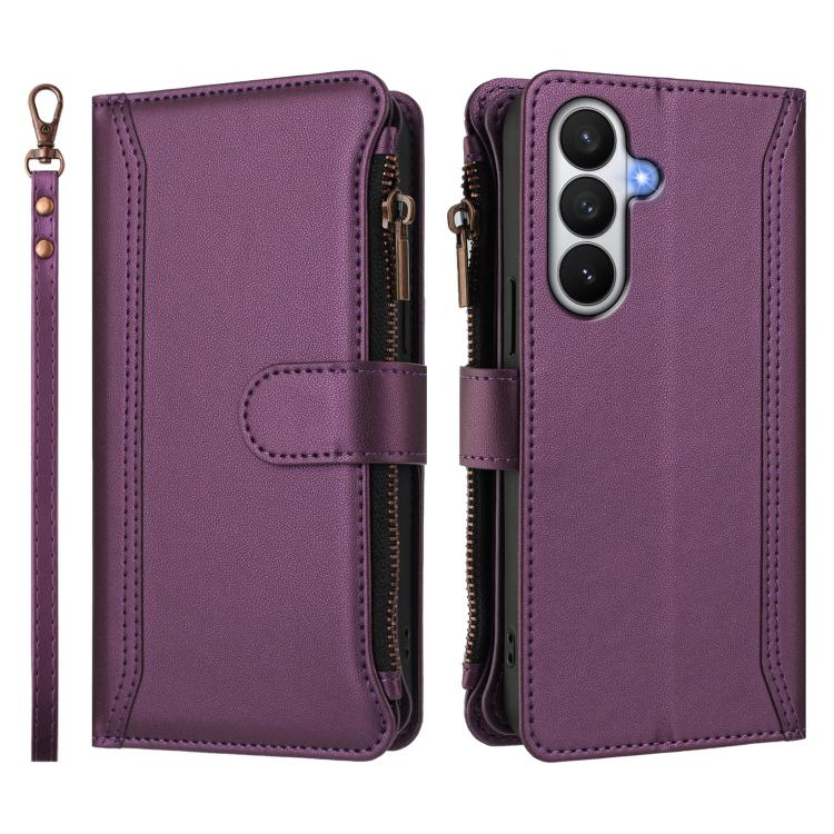 For Samsung Galaxy S26 5G Magnetic Closure 9 Card Slots Zipper Leather Case with Hand Strap