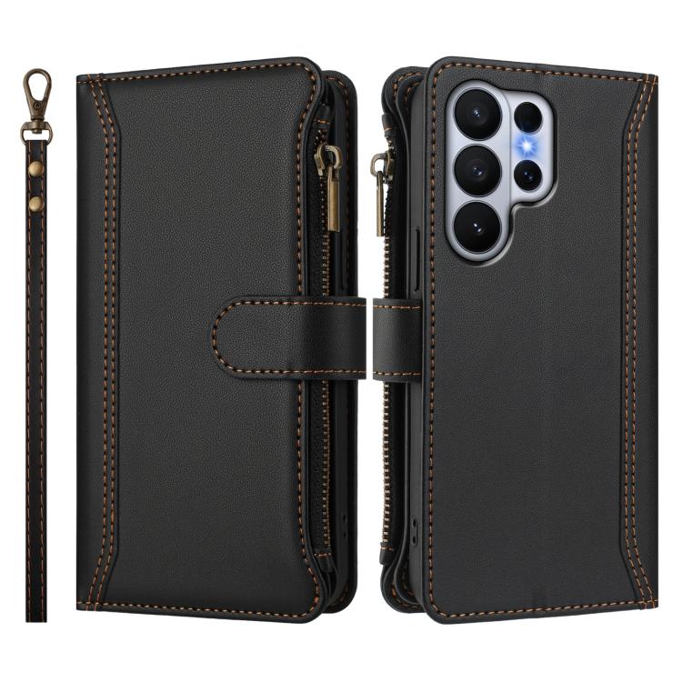 For Samsung Galaxy S26 Ultra 5G Magnetic Closure 9 Card Slots Zipper Leather Case with Hand Strap