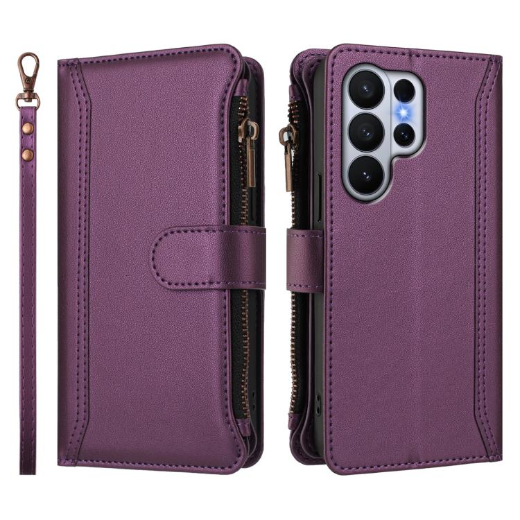 For Samsung Galaxy S26 Ultra 5G Magnetic Closure 9 Card Slots Zipper Leather Case with Hand Strap
