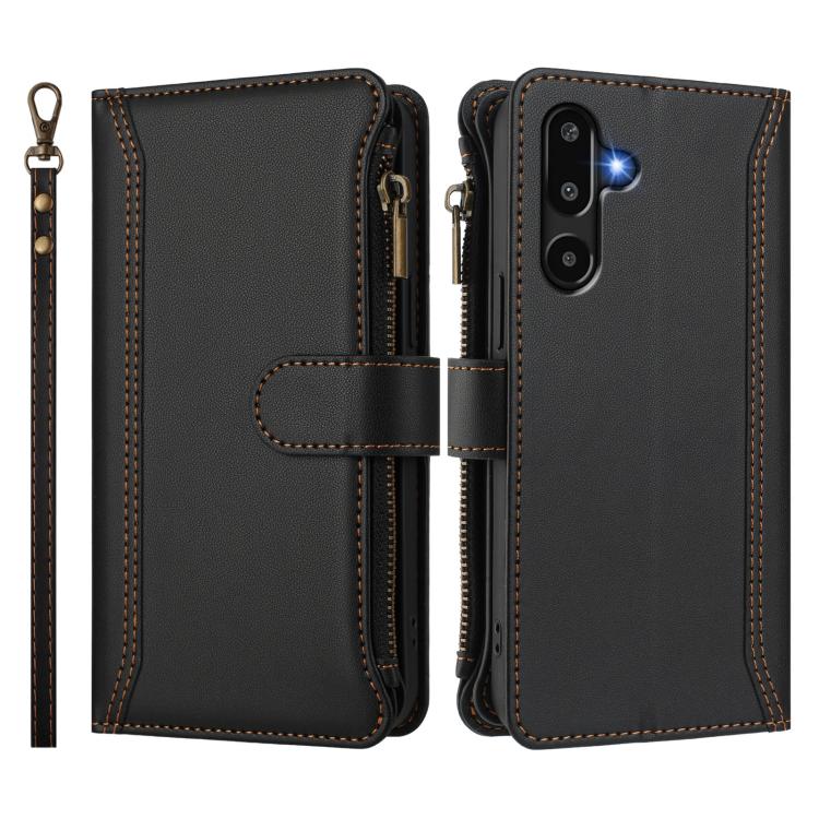 For Samsung Galaxy M16 / F16 5G Magnetic Closure 9 Card Slots Zipper Leather Case with Hand Strap