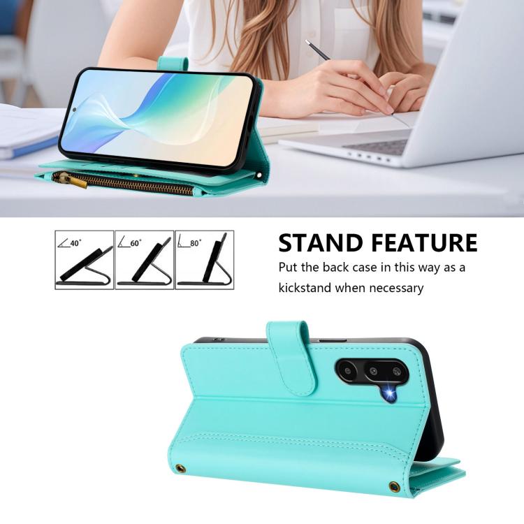 For Samsung Galaxy M16 / F16 5G Magnetic Closure 9 Card Slots Zipper Leather Case with Hand Strap