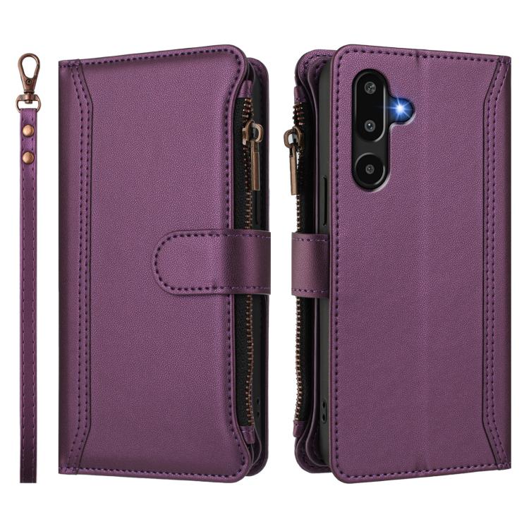 For Samsung Galaxy M16 / F16 5G Magnetic Closure 9 Card Slots Zipper Leather Case with Hand Strap