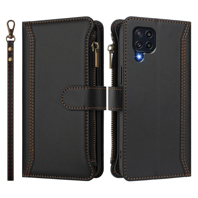 For Samsung Galaxy M32 4G / M22 Magnetic Closure 9 Card Slots Zipper Leather Case with Hand Strap