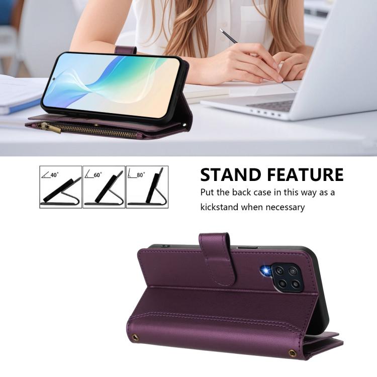 For Samsung Galaxy M32 4G / M22 Magnetic Closure 9 Card Slots Zipper Leather Case with Hand Strap
