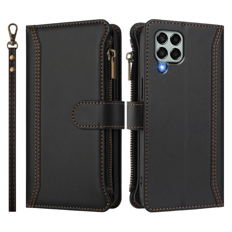For Samsung Galaxy M33 5G Magnetic Closure 9 Card Slots Zipper Leather Case with Hand Strap