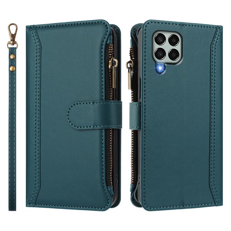 For Samsung Galaxy M33 5G Magnetic Closure 9 Card Slots Zipper Leather Case with Hand Strap