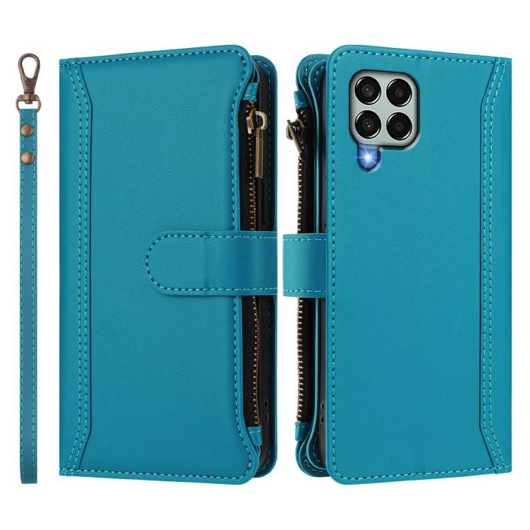 For Samsung Galaxy M33 5G Magnetic Closure 9 Card Slots Zipper Leather Case with Hand Strap