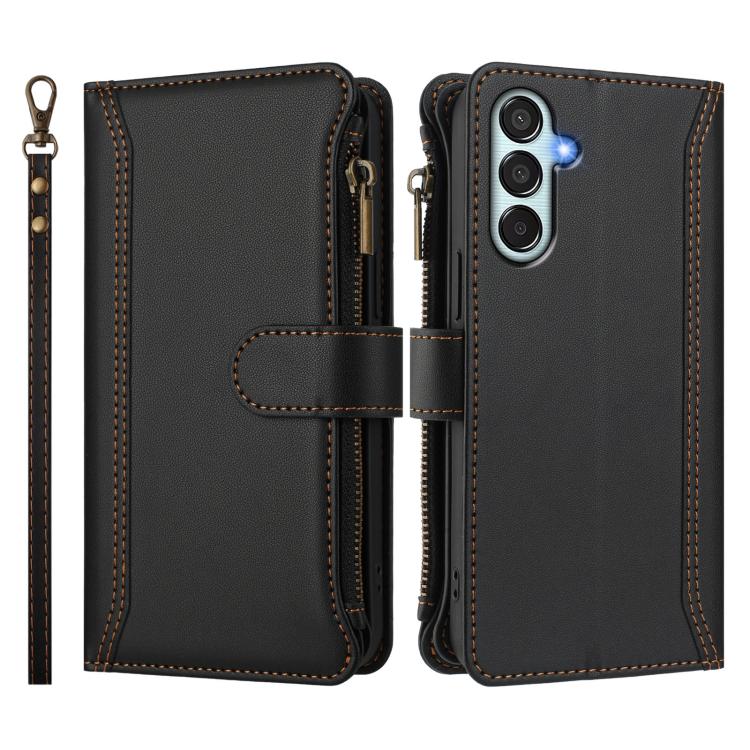 For Samsung Galaxy M34 / F34 5G Magnetic Closure 9 Card Slots Zipper Leather Case with Hand Strap