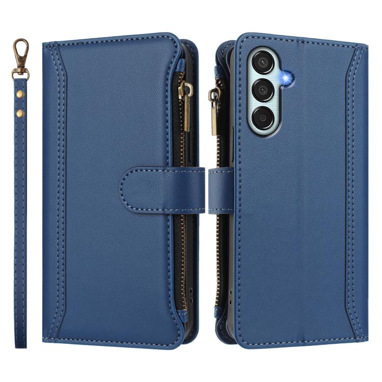 For Samsung Galaxy M52 5G Magnetic Closure 9 Card Slots Zipper Leather Case with Hand Strap