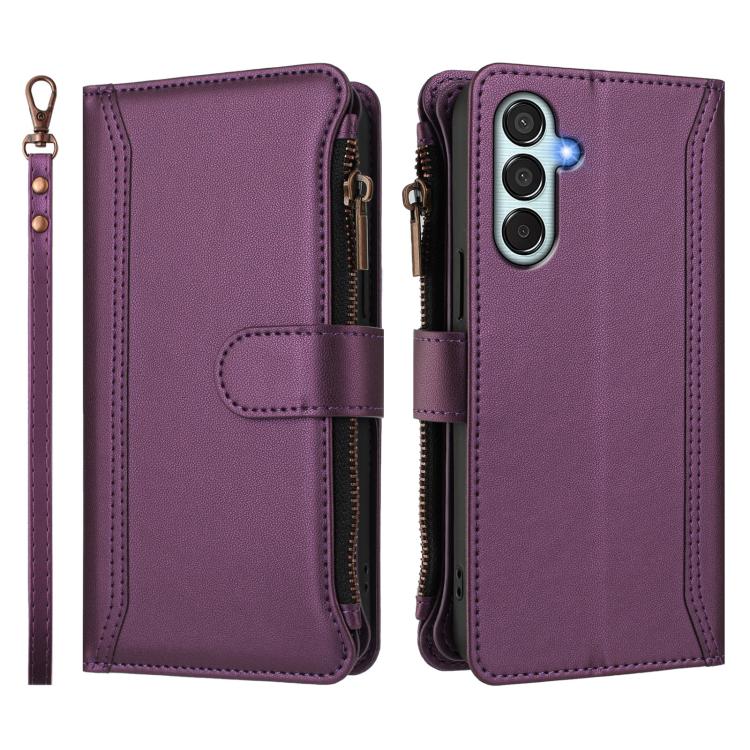 For Samsung Galaxy M52 5G Magnetic Closure 9 Card Slots Zipper Leather Case with Hand Strap