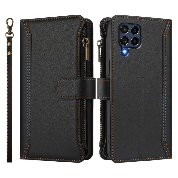 For Samsung Galaxy M53 5G Magnetic Closure 9 Card Slots Zipper Leather Case with Hand Strap