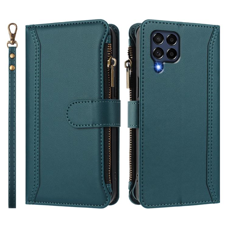 For Samsung Galaxy M53 5G Magnetic Closure 9 Card Slots Zipper Leather Case with Hand Strap