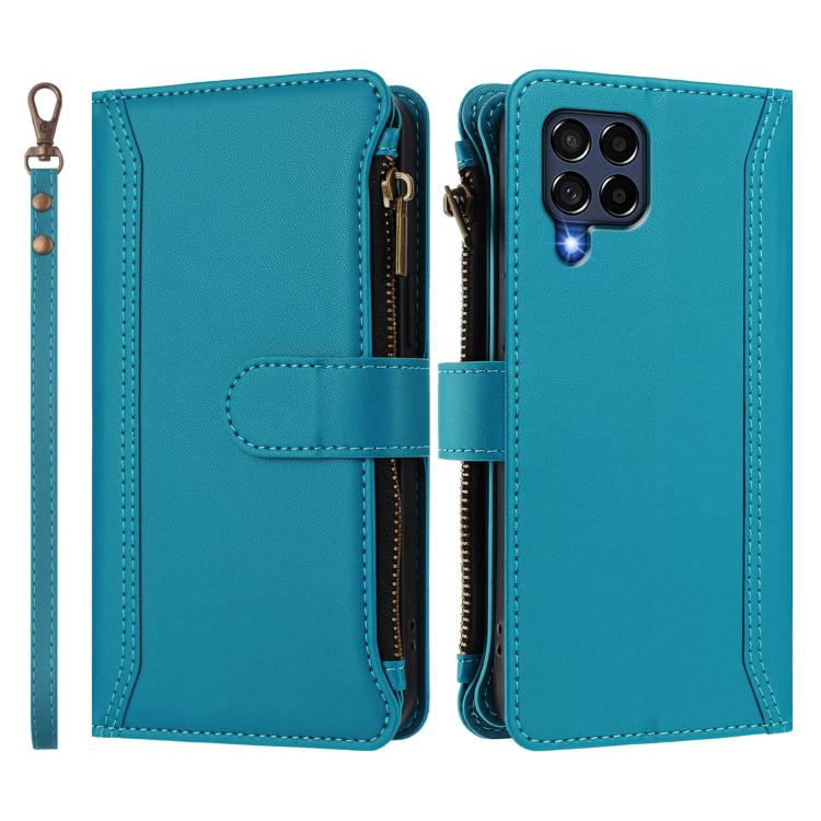 For Samsung Galaxy M53 5G Magnetic Closure 9 Card Slots Zipper Leather Case with Hand Strap