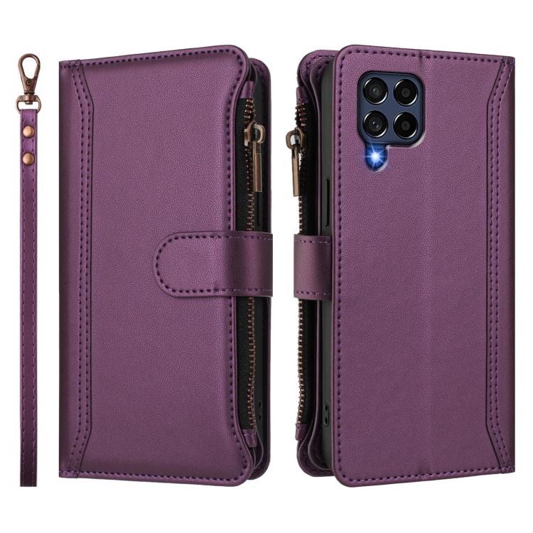 For Samsung Galaxy M53 5G Magnetic Closure 9 Card Slots Zipper Leather Case with Hand Strap