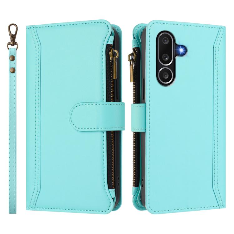 For Samsung Galaxy M56 5G Magnetic Closure 9 Card Slots Zipper Leather Case with Hand Strap