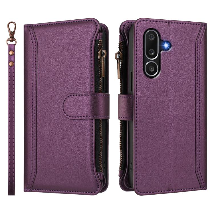 For Samsung Galaxy M56 5G Magnetic Closure 9 Card Slots Zipper Leather Case with Hand Strap