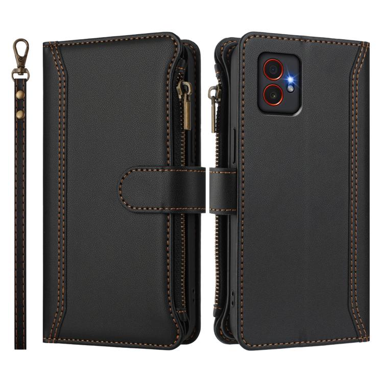 For Samsung Galaxy Xcover7 Pro Magnetic Closure 9 Card Slots Zipper Leather Case with Hand Strap
