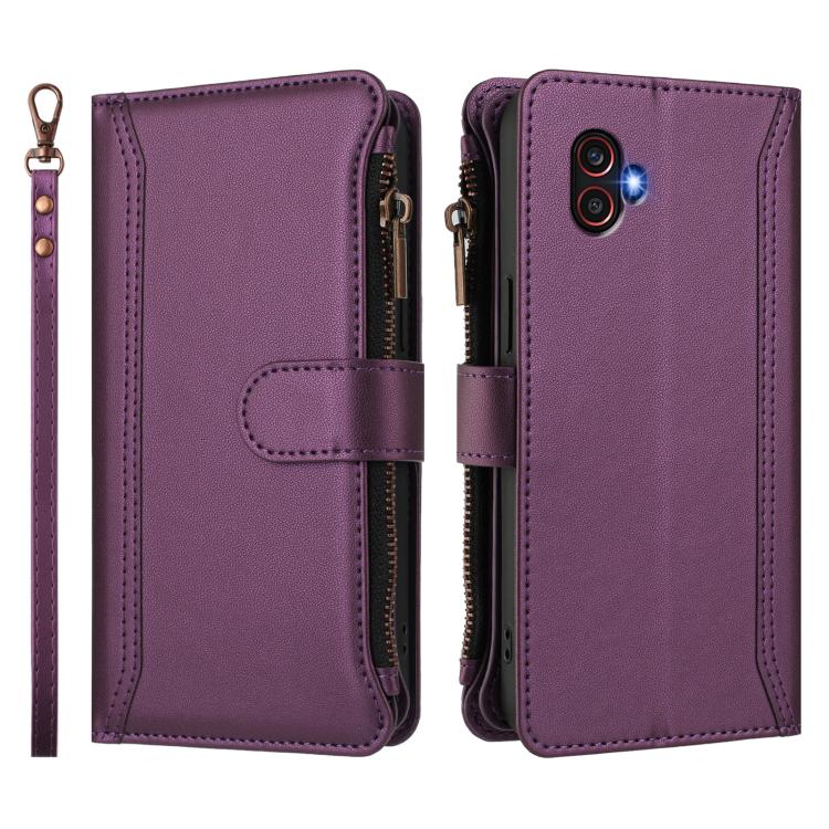 For Samsung Galaxy XCover6 Pro Magnetic Closure 9 Card Slots Zipper Leather Case with Hand Strap